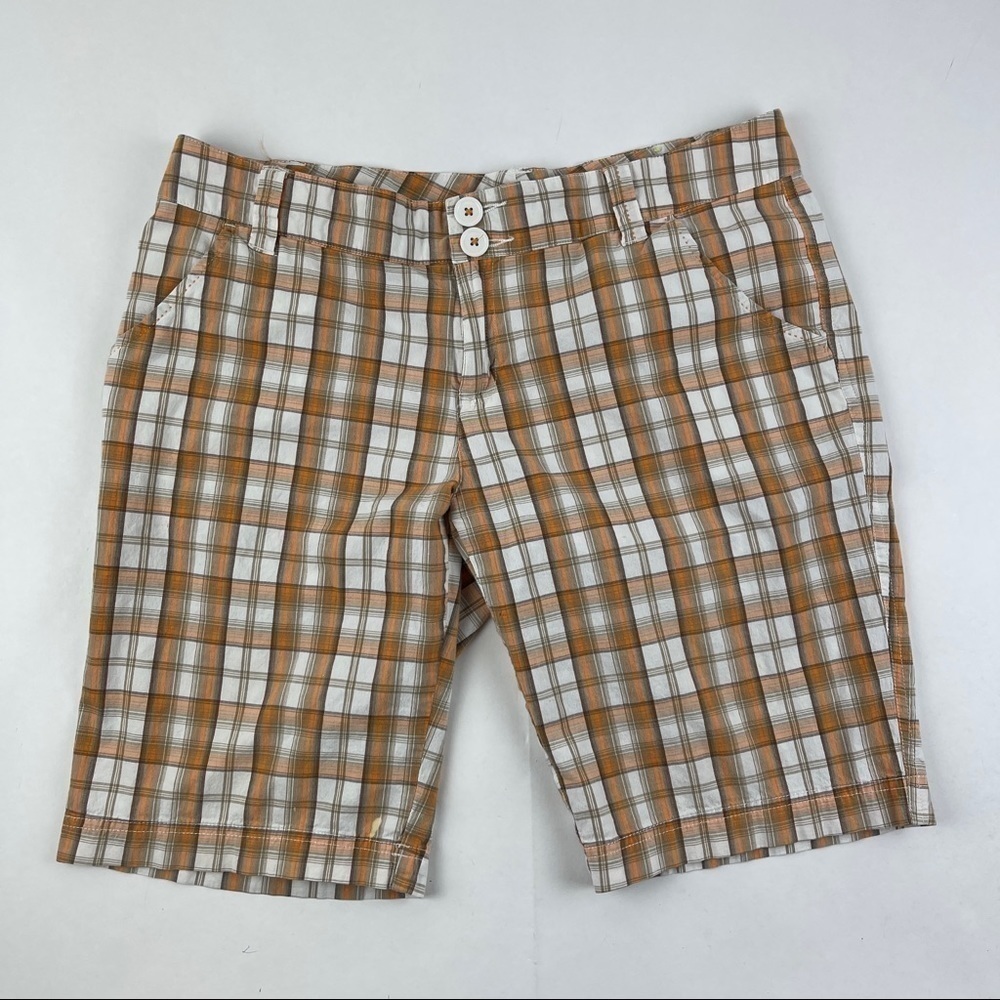 Periscope Shorts Womens Juniors Size 11 Orange White Plaid Flat Front